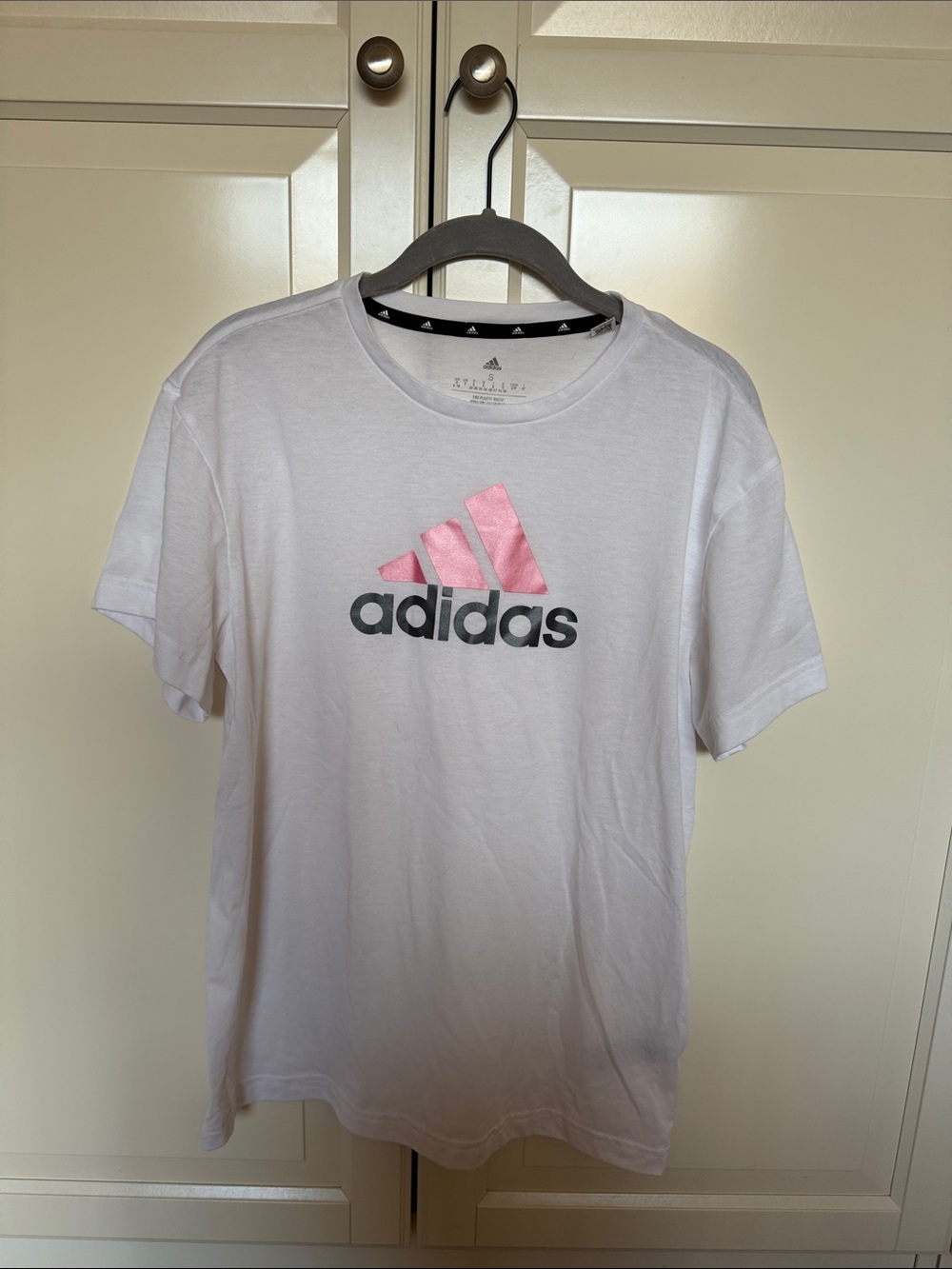 adidas White Tee with Pink Logo for Kids